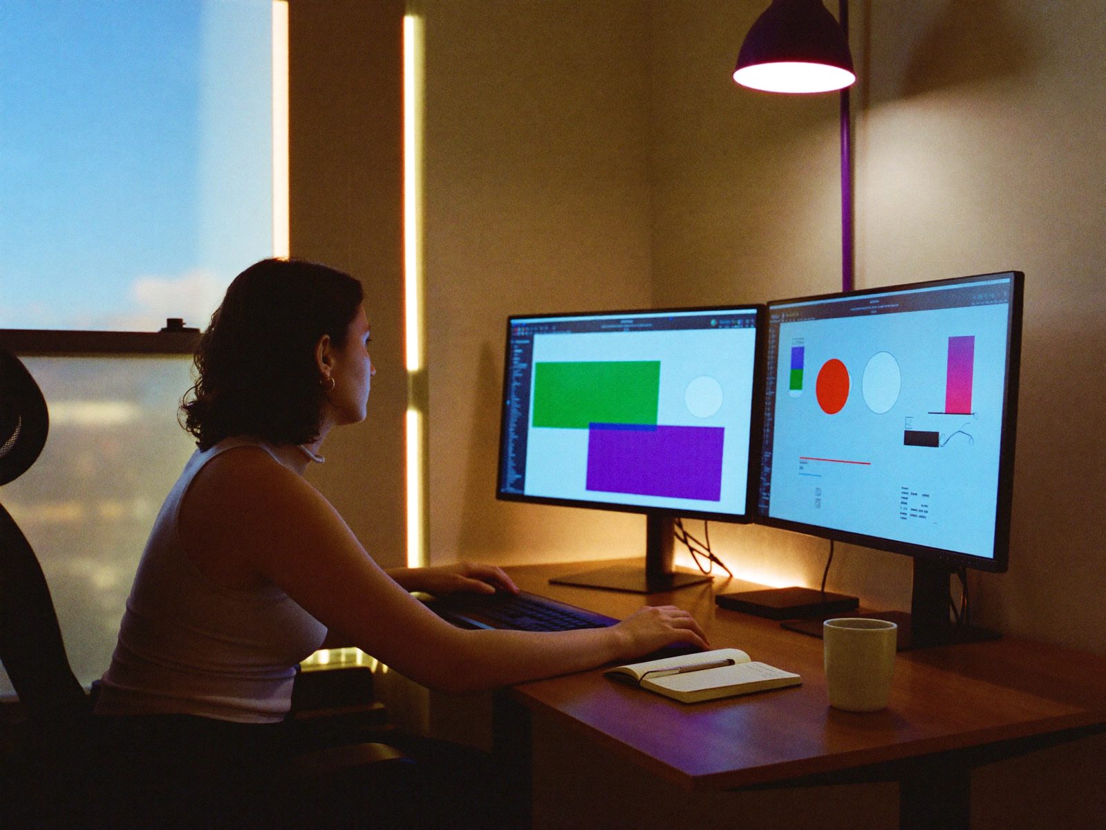 A designer's desk at dusk, dual monitors glowing over notebooks and coffee
